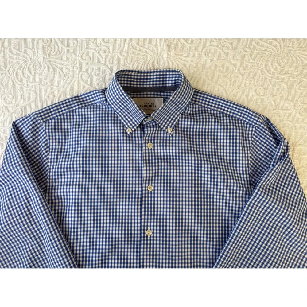 Charles‎ Tyrwhitt Non Iron Classic Fit Shirt Blue White Gingham 15.5 34 Mens